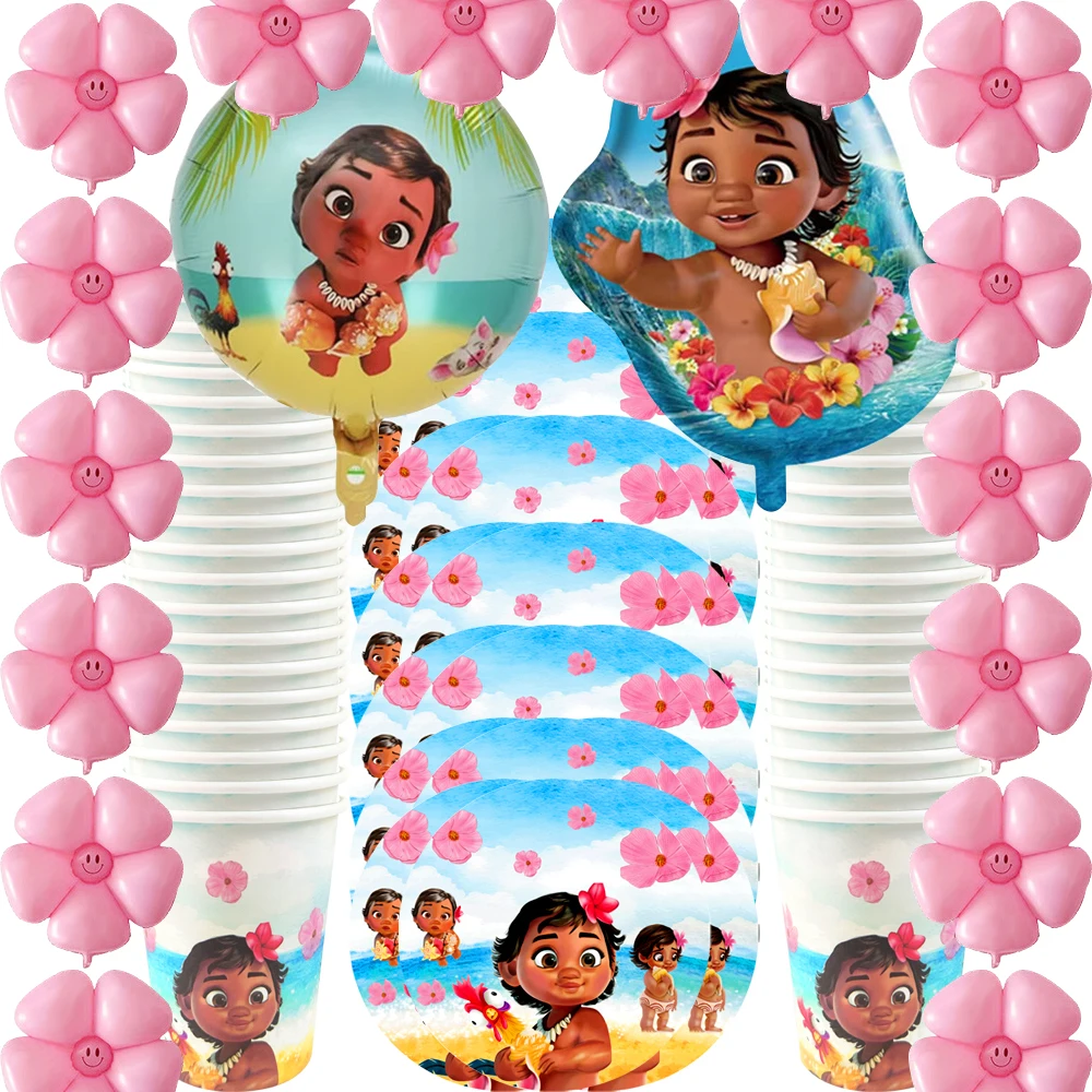 Moana Baby Girl Theme Tablecover Gifts Bag Plates Cupcake Topper Balloons Happy Birthday Party Napkins Decoration Hanging Banner