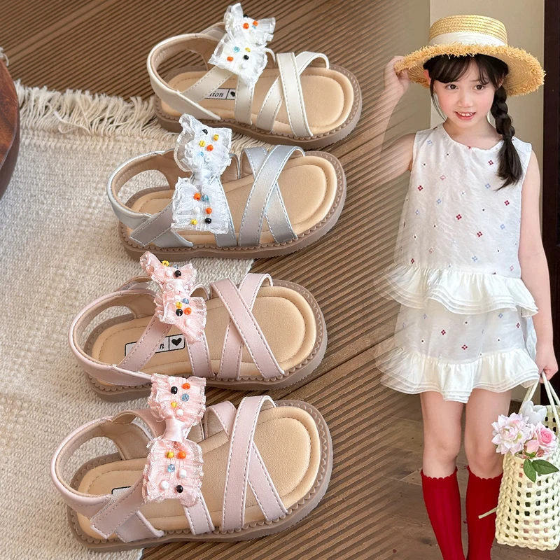 

2026 Summer Korean-style New Girl Princess Flat Sandals Bow Children's Lace Ruffle Children's Open Toed Sandals Wedding Party