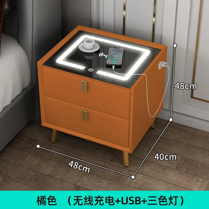 Charging With Table Cabinet Bedroom Smart Bedside Simple USB Wireless Lamp Solid Wood Leather Bedroom Furniture Bedside Table