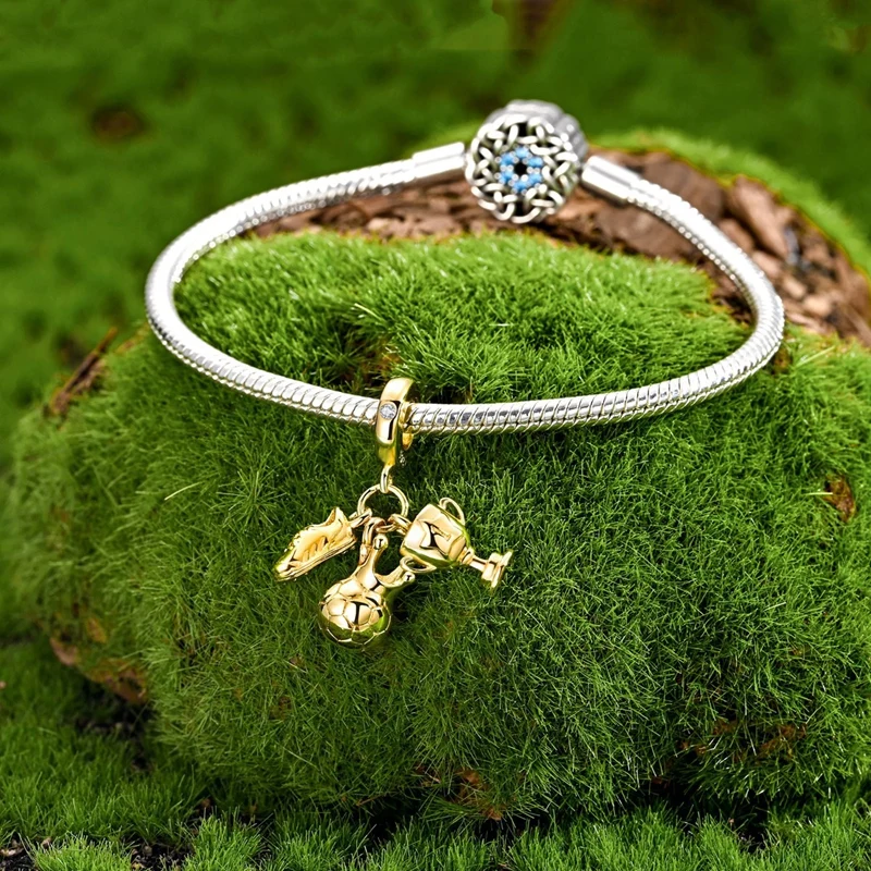 

925 Sterling Silver Golden Charms Bead CZ Zircon Crown Football Trophy Dangle Fit Original Bracelet DIY Women Jewelry Gift
