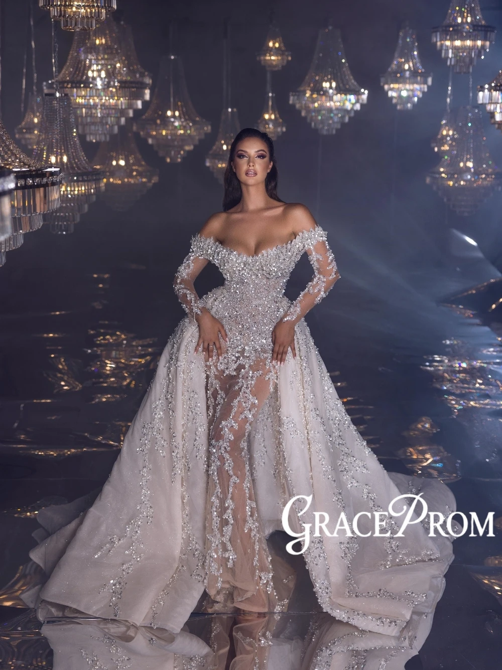 Luxury Sparkly 2 in 1 Wedding Dress Beaded Sequined Off Shoulder Bridal Gown Customized Illusion Sexy Stunning Bride Wear