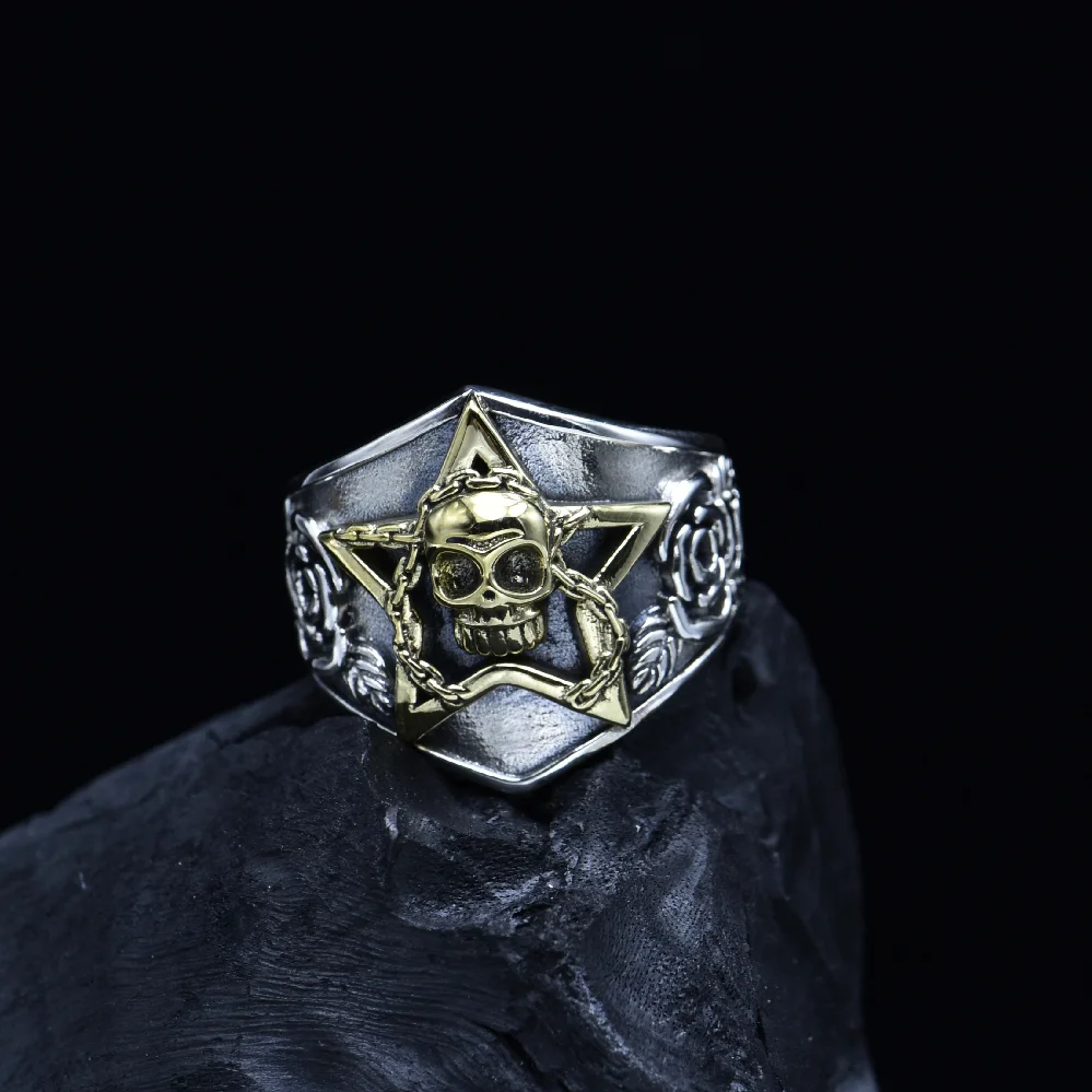 

S925 sterling silver thai silver fashiontrendystylish skull rose male index finger five-pointed star ring