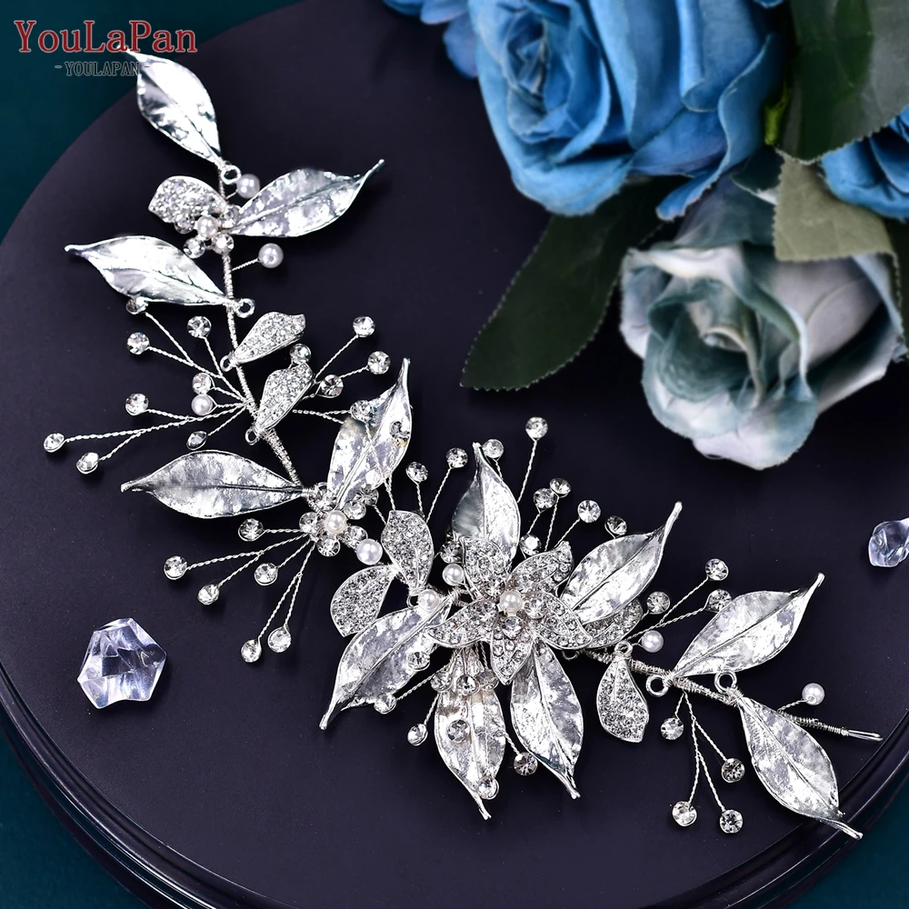 YouLaPan Shiny Alloy Leaf Bridal Headband Woman Hair Accessories Wedding Rhinestone Bridal Headpiece Bridesmaid Head Piece HP299