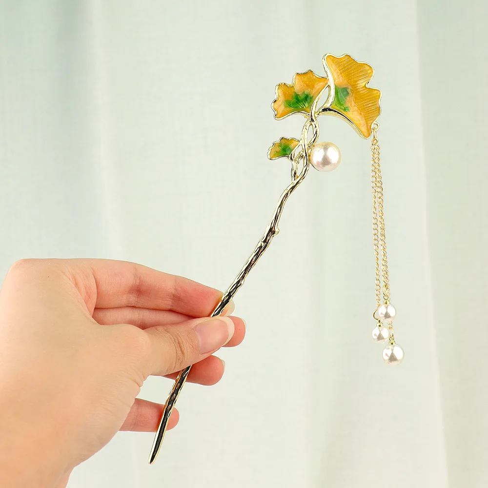 Japanese Chinese Style Enamel Metal Flower Wheat Hair Sticks Pearl Tassel Hairpin Tulip Hair Shopsticks Hanfu Hair Accessories