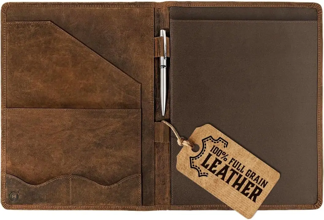 

Professional Leather Portfolio Organizer with Pen Holder - Brown Buffalo Leather Padfolio for Men & Women