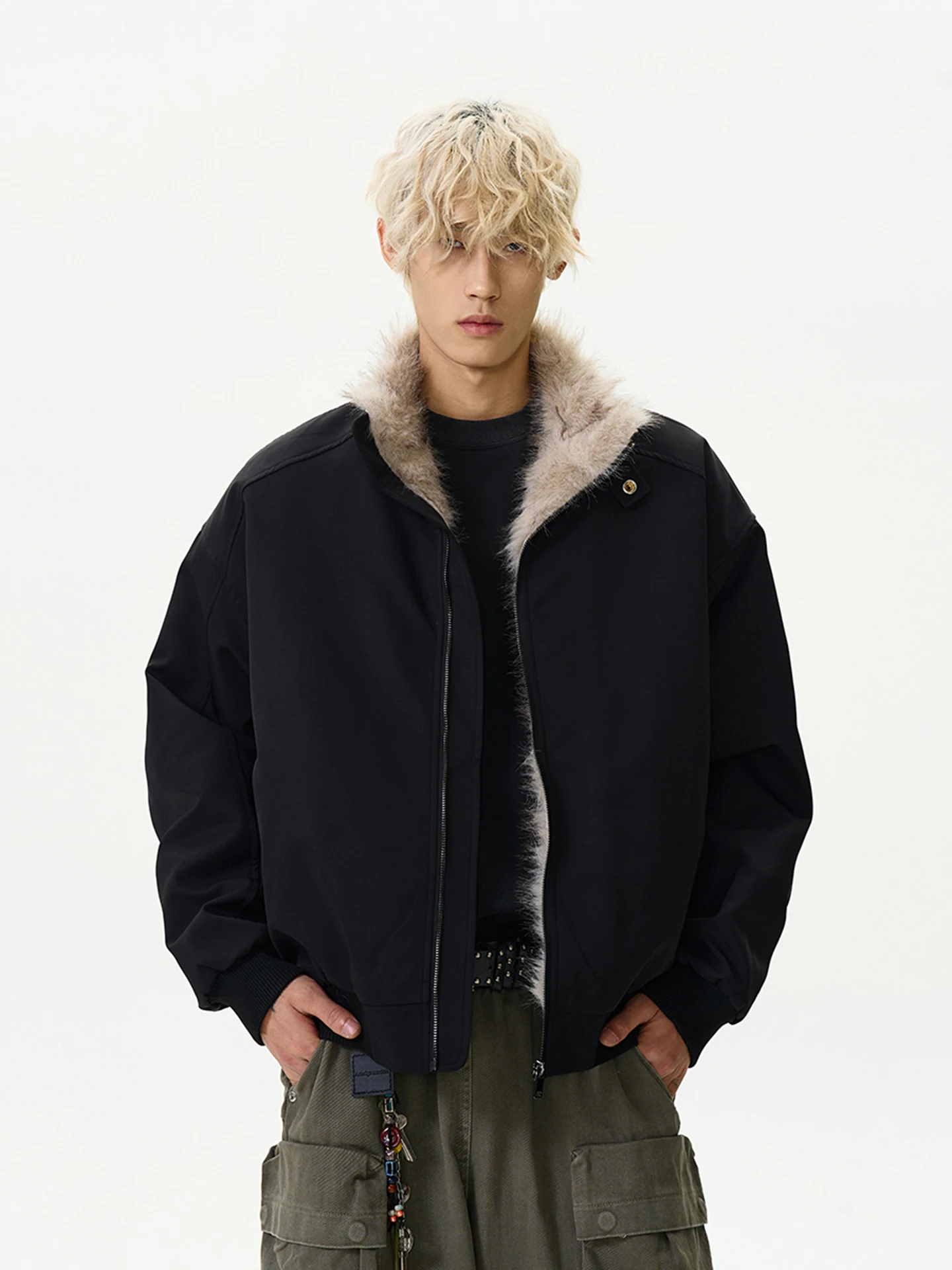 

Cleanfit American High Street Men's Cotton Jaet with Fur Collar Splicing Thiened Stand Collar Winter Warm Outerwear