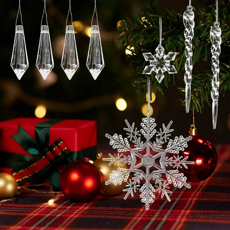 Cristal claro floco de neve pingentes de sincelo acrílico brilhante diy árvore de natal pendurado ornamento navidad festa de ano novo decoração para