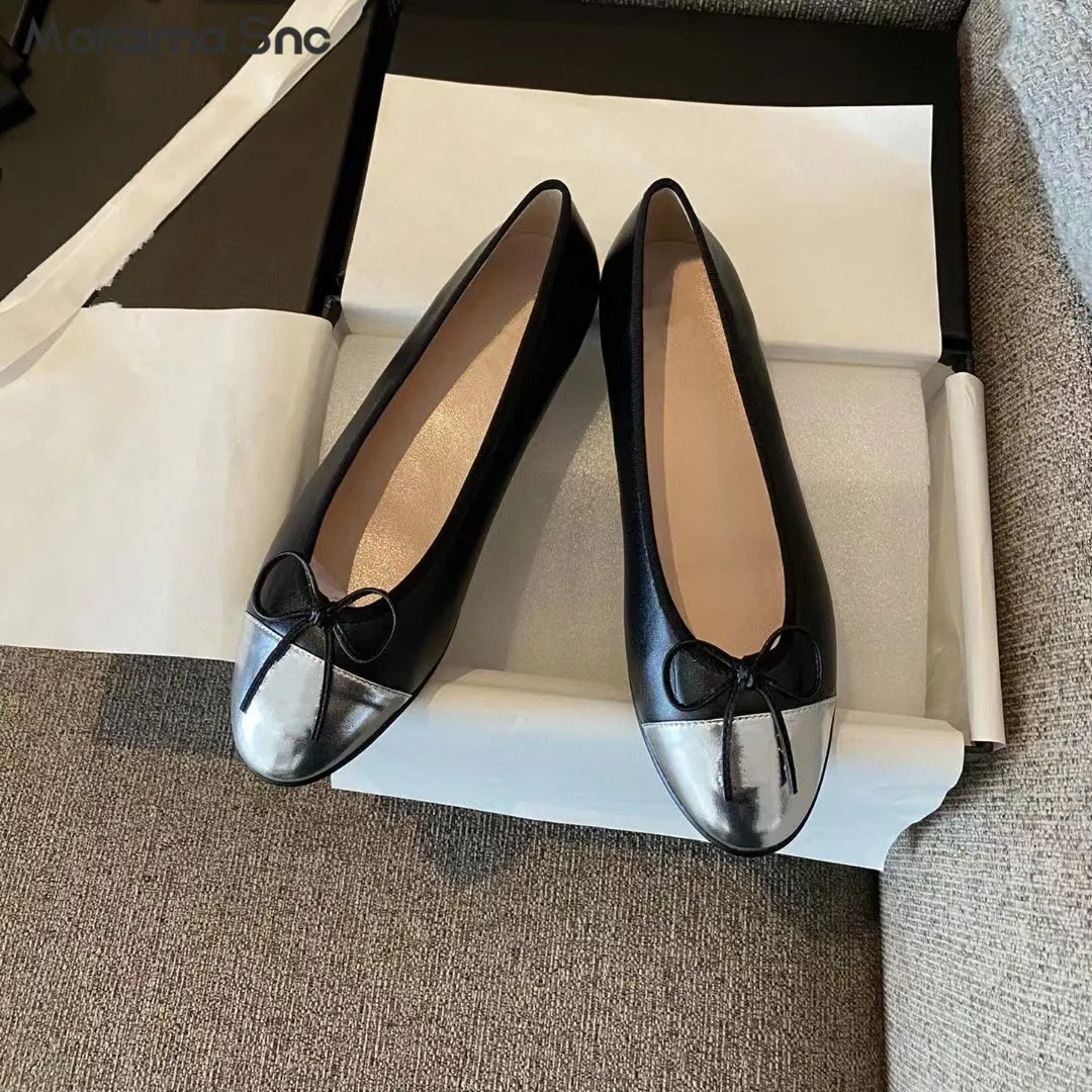 Bow Knot Color Matching Ballet Flats Classic Leather Round Toe Flat Shoes Simple Design Casual Comfortable Fashion Women's Shoes
