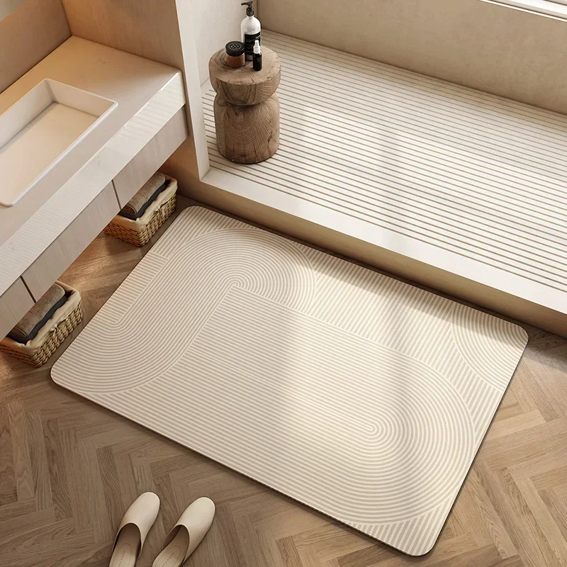 Bathroom Carpet Absorbent Floor Mats Non-slip Bath Rug Home Decor Cream Beige Stripes Area Rugs Toilet Entrance Diatom Mud Mat