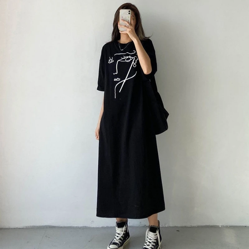Summer Casual Loose Short Sleeve Women's Dress T-Shirt Style Knee-Length plus Size Midi Long Dress Versatile Slimming Effect