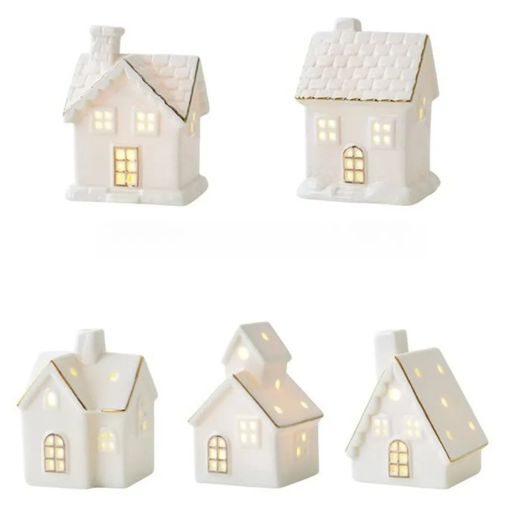 New LED Light Up Christmas Village Houses White Ceramic House Figurines with Christmas Trees Tabletop
