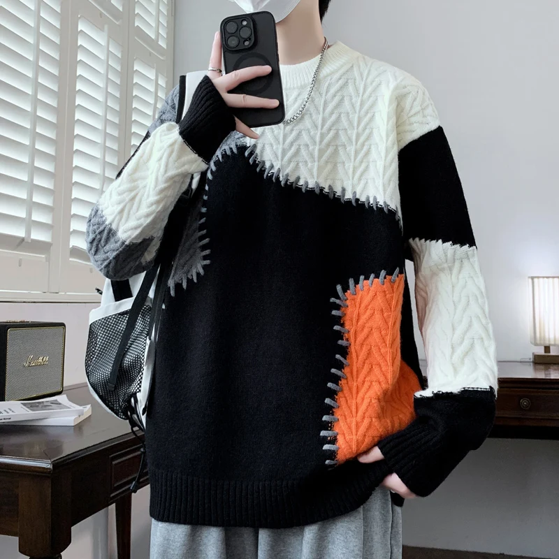 

High Quality New Fashion Brand Knit Pullover O Neck Patchwork Sweater Men Autum Winter Casual Jumper Men Clothes