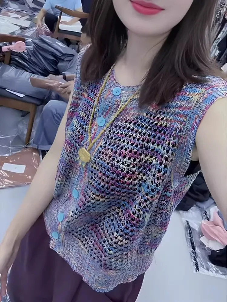 

Свободный крой, вязаный ажурный круглый открытый кардиган с открытым верхом, цветной дизайн, летняя модная женская футболка