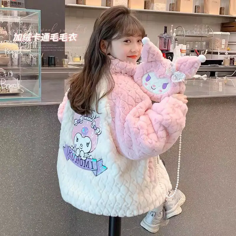 Kids Winter Coats 2024 Girls Outerwear Sanrio Kuromi Warm Fleece Jacket 4-14 Years Children Clothing Cartoon Sequin Windbreaker