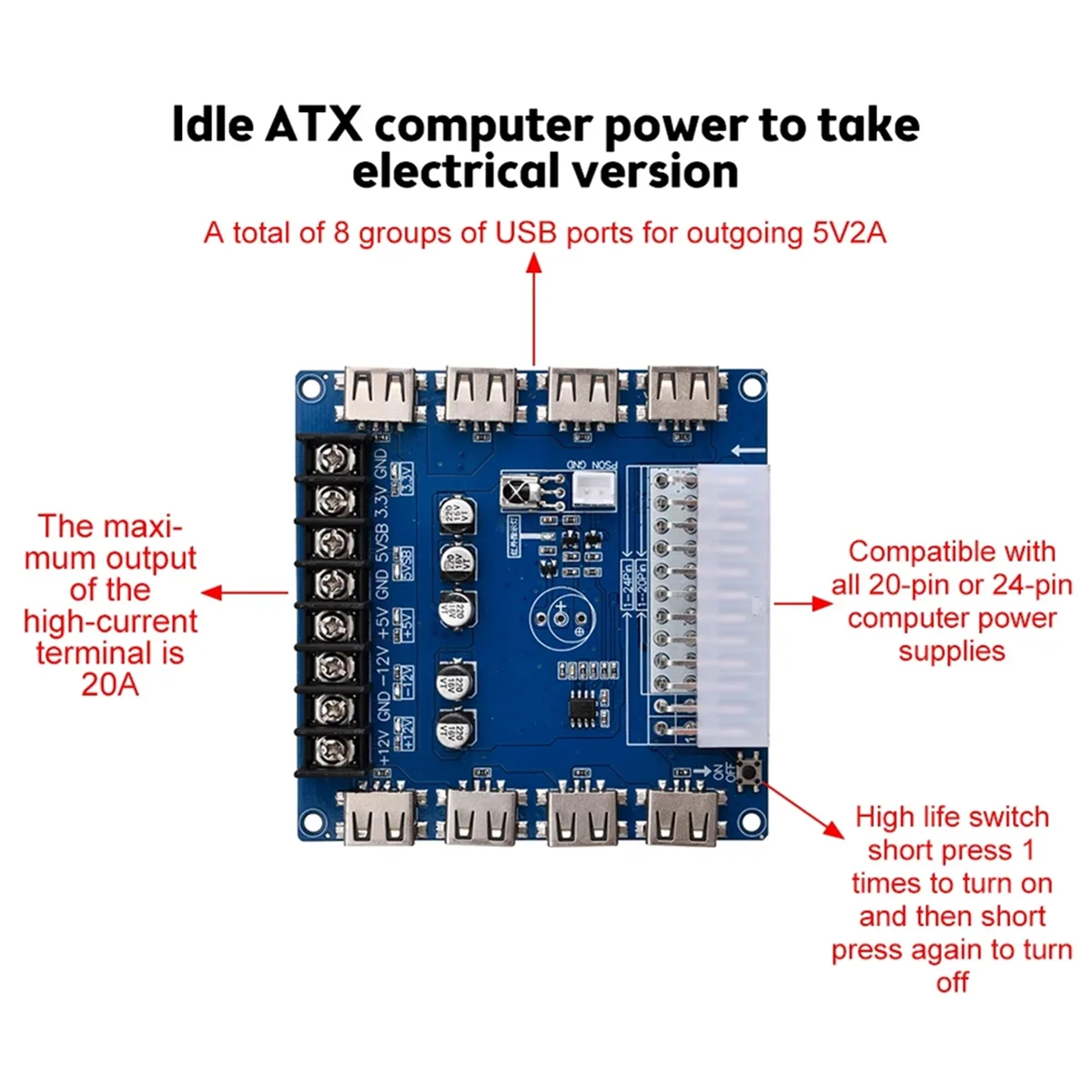 20 Pin/24 Pin ATX Power Supply Breakout Board 5V/2A USB Charging Desktop Chassis Power Supply Adapter Board,