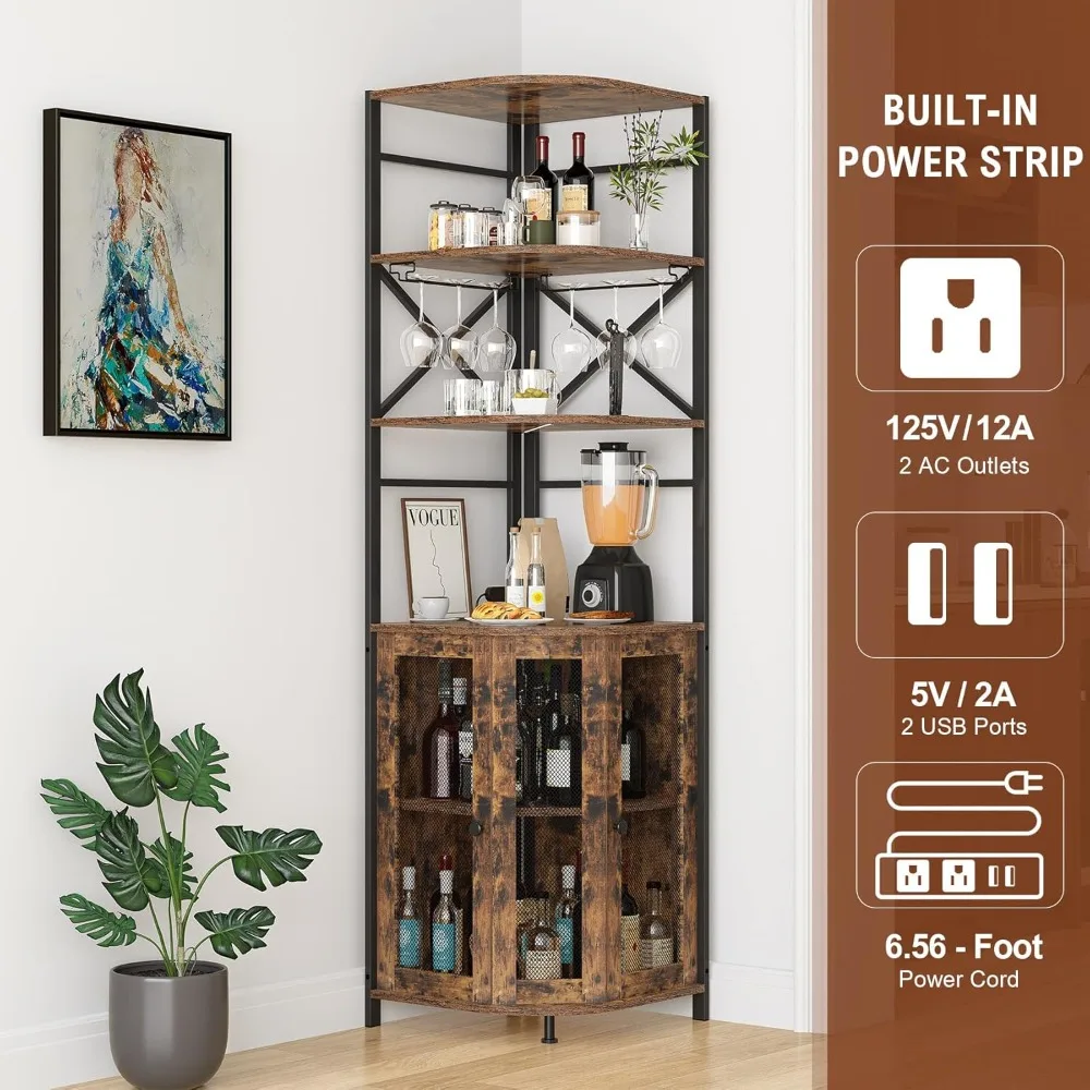 Armoire à vin avec prise de courant, armoire à vin industrielle à 6 niveaux avec éclairage LED et porte-verre, coin vin, personnalisé