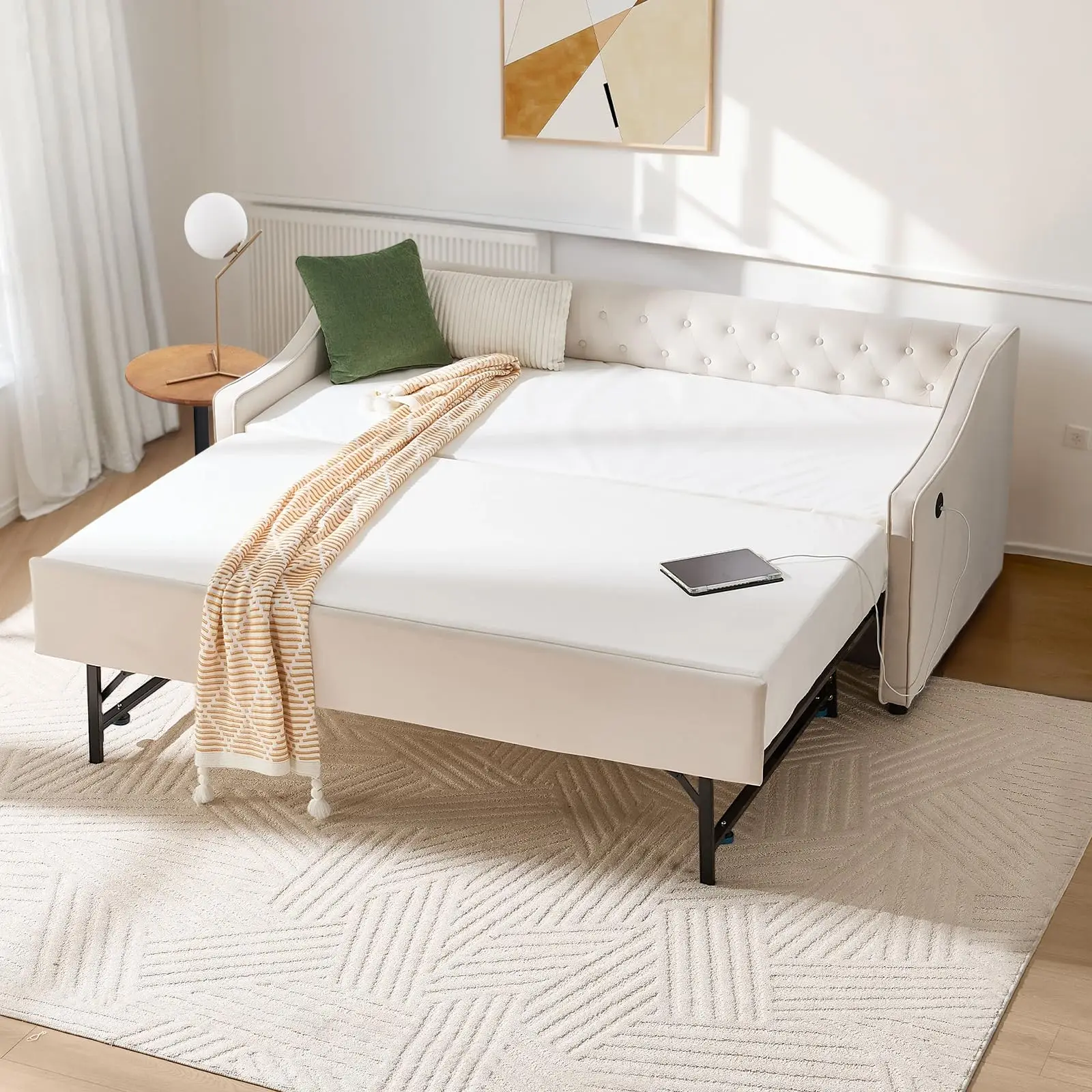 Twin To King Daybed with Pop Up Trundle, Upholstered Button Tufted Velvet Day Bed Frame with USB Ports & Side Pockets