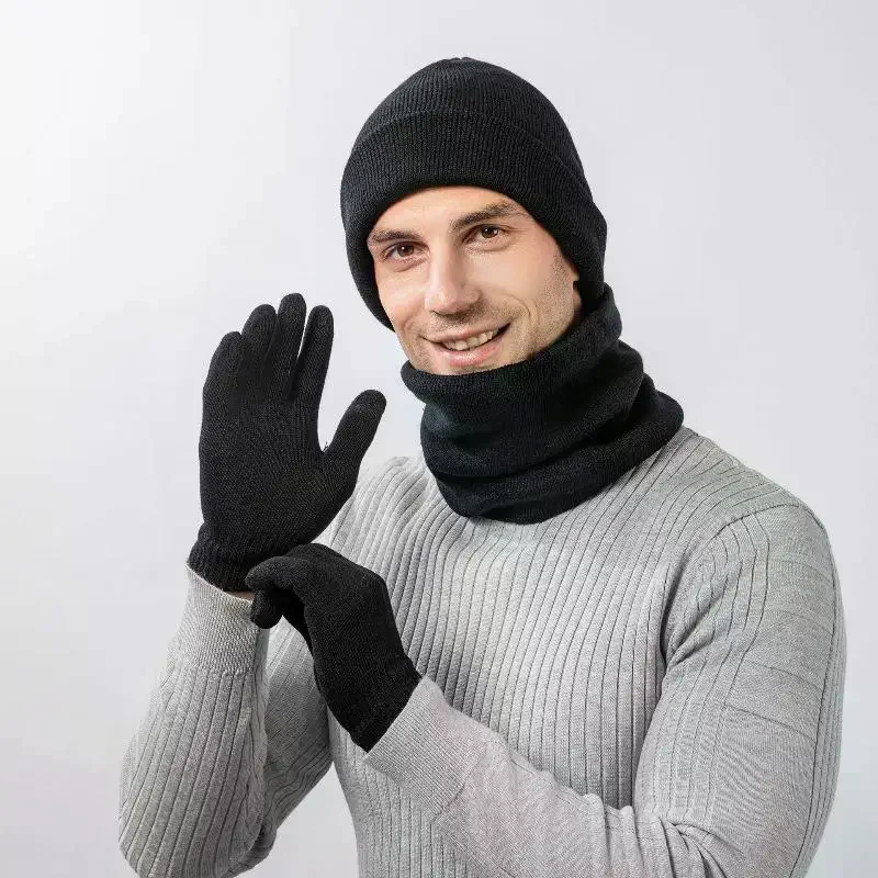 Winter Warm Thicken Hat Scarf And Gloves Set Mens Thermal Fleece Lined Slouchy Beanie Neck Scarves Gloves 3 In 1 Warm Set
