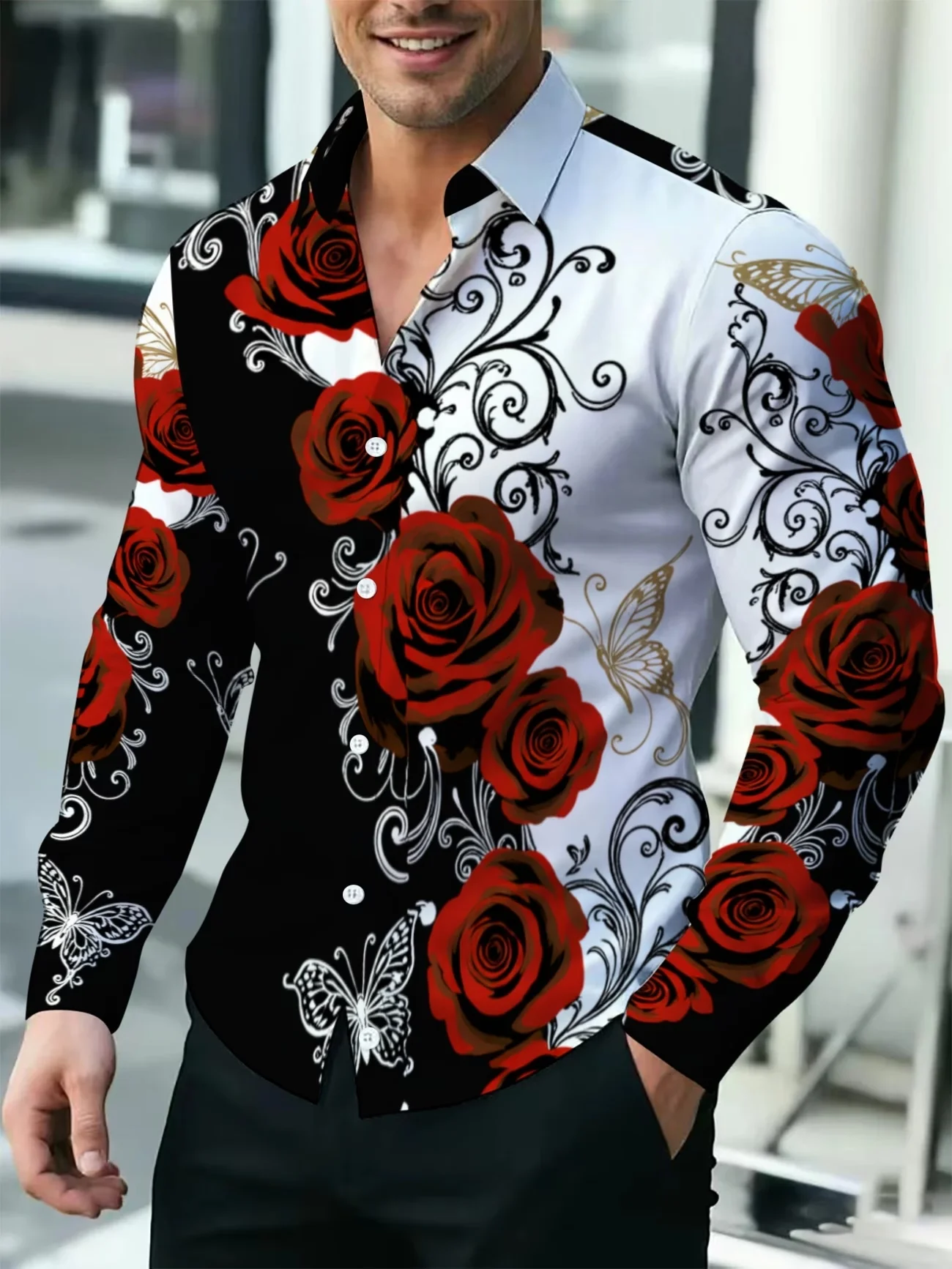 New Black and White Contrasting Red Rose Butterfly Print Men's Long Sleeved Shirt Retro Style Casual Shirt