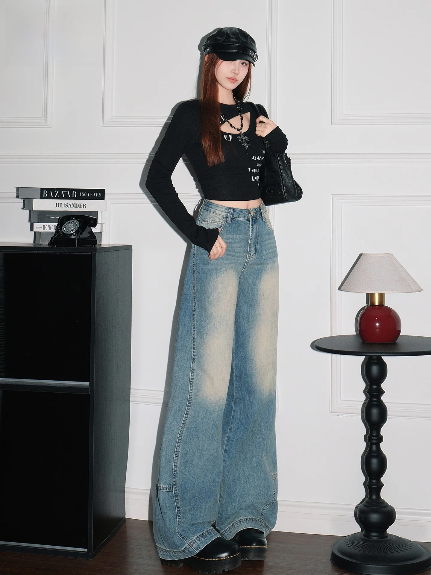 

Синие американские ретро-джинсы с широкими штанинами, женские, свободного кроя, с эффектом похудения, прямые брюки, повседневные, с высокой талией, из смесового хлопка