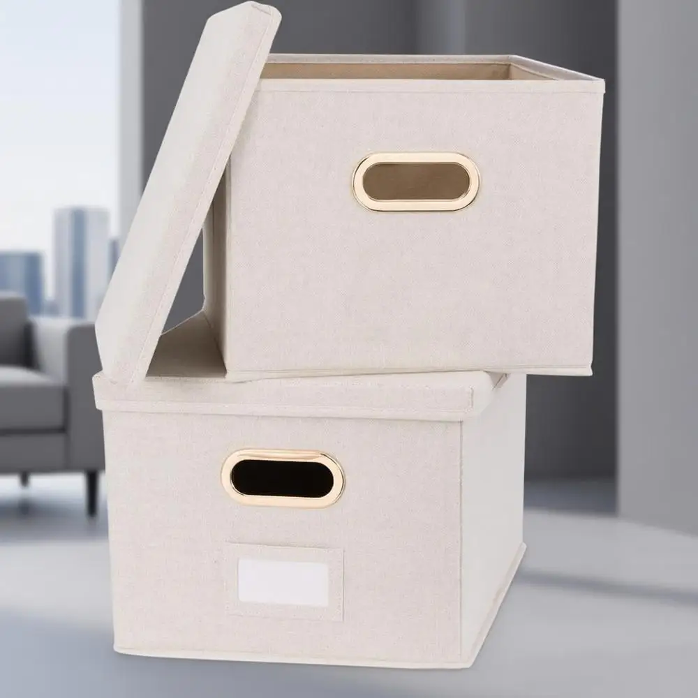 

Collapsible Linen Storage Box Set with Handles for Documents and Hanging File Folders - Portable Slide Crates with Lid