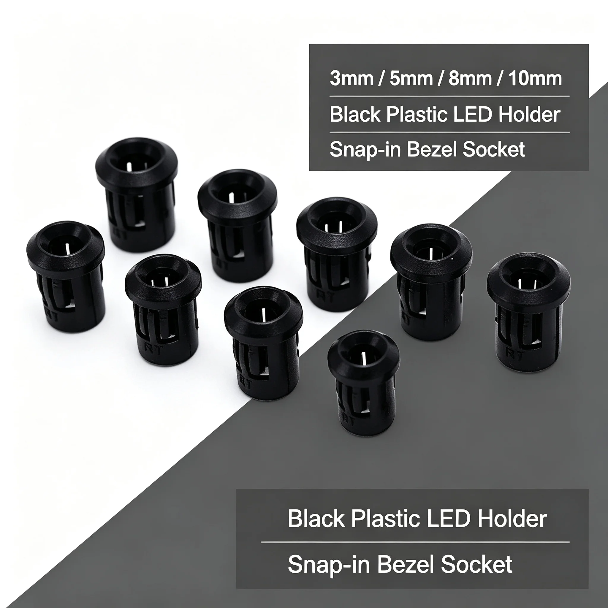 10pcs Black Plastic LED Holder 3mm 5mm 8mm 10mm Snap-in Bezel Socket Panel Mount Lamp Base For LED Diode DIY Electronic Project