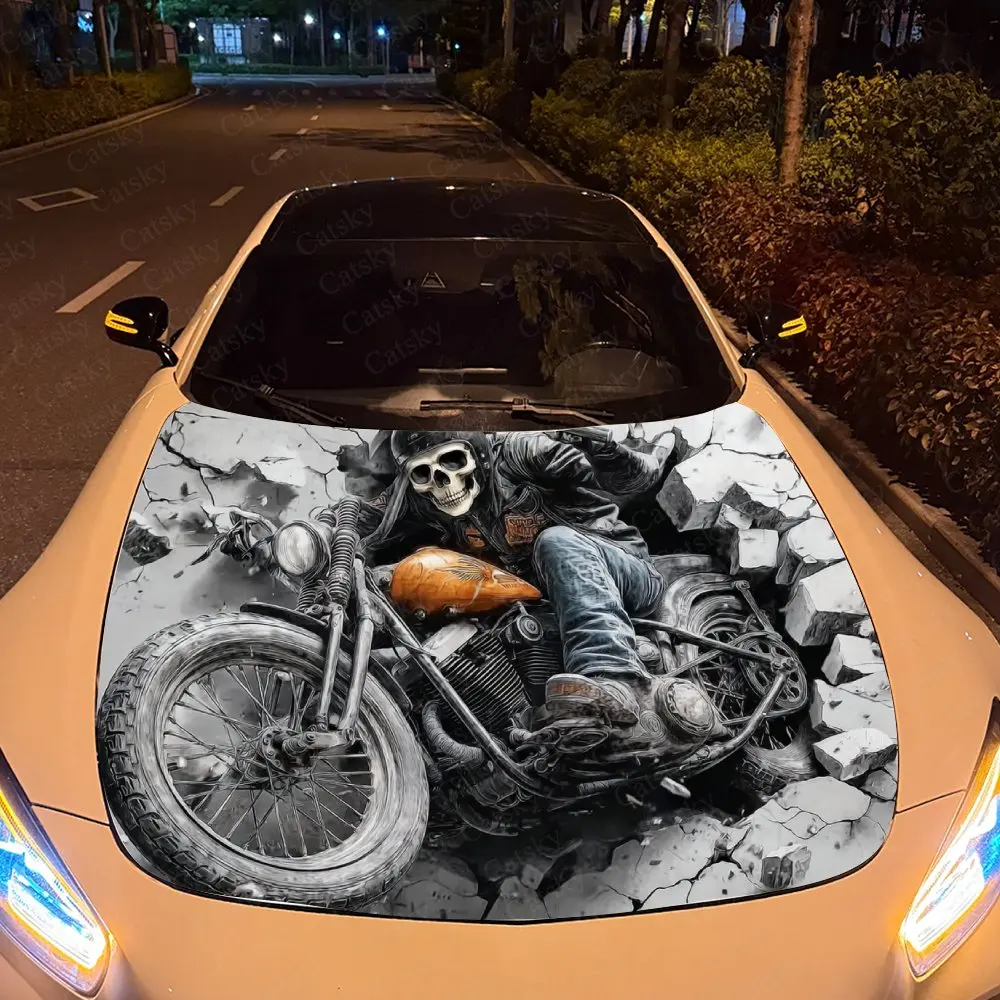 Autocollant de capot de voiture à motif de moto et de squelette rétro, Film de carrosserie auto-adhésif imperméable en PVC résistant à l'usure, camion et berline S