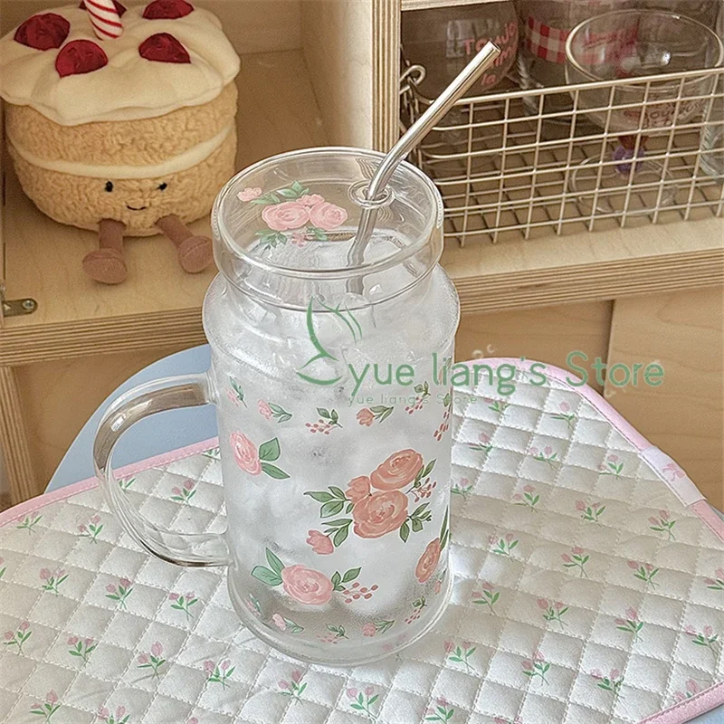1L Pink Rose Large Capacity Juice Cup,French Style Elegant Lady Glass Suction Tube Cup , Girl Outdoor Cold Summer Drinks Cup
