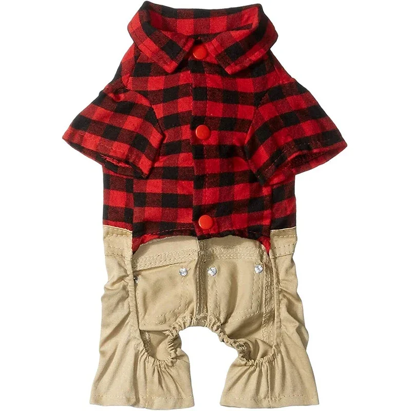 Dog Clothes for Small Dogs Cat Red Plaid Shirts Sweater with Khaki Overalls Pants Jumpsuit Outfits British Style Puppy Clothes