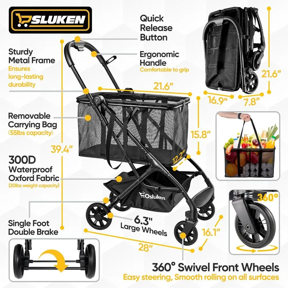عربة تسوق قابلة للطي بوزن 75 رطل مع عجلات، 360 درجة ° سلة دوارة قابلة للإزالة، محمولة للبقالة والغسيل والتخييم #5