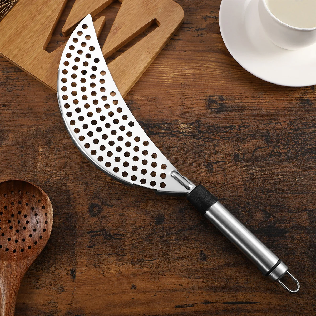 

Stainless Steel Pot Strainer Crescent Design Fit Most Pans Non-Directional Handle Drain Excess Liquid Fry Drainer Kitchen