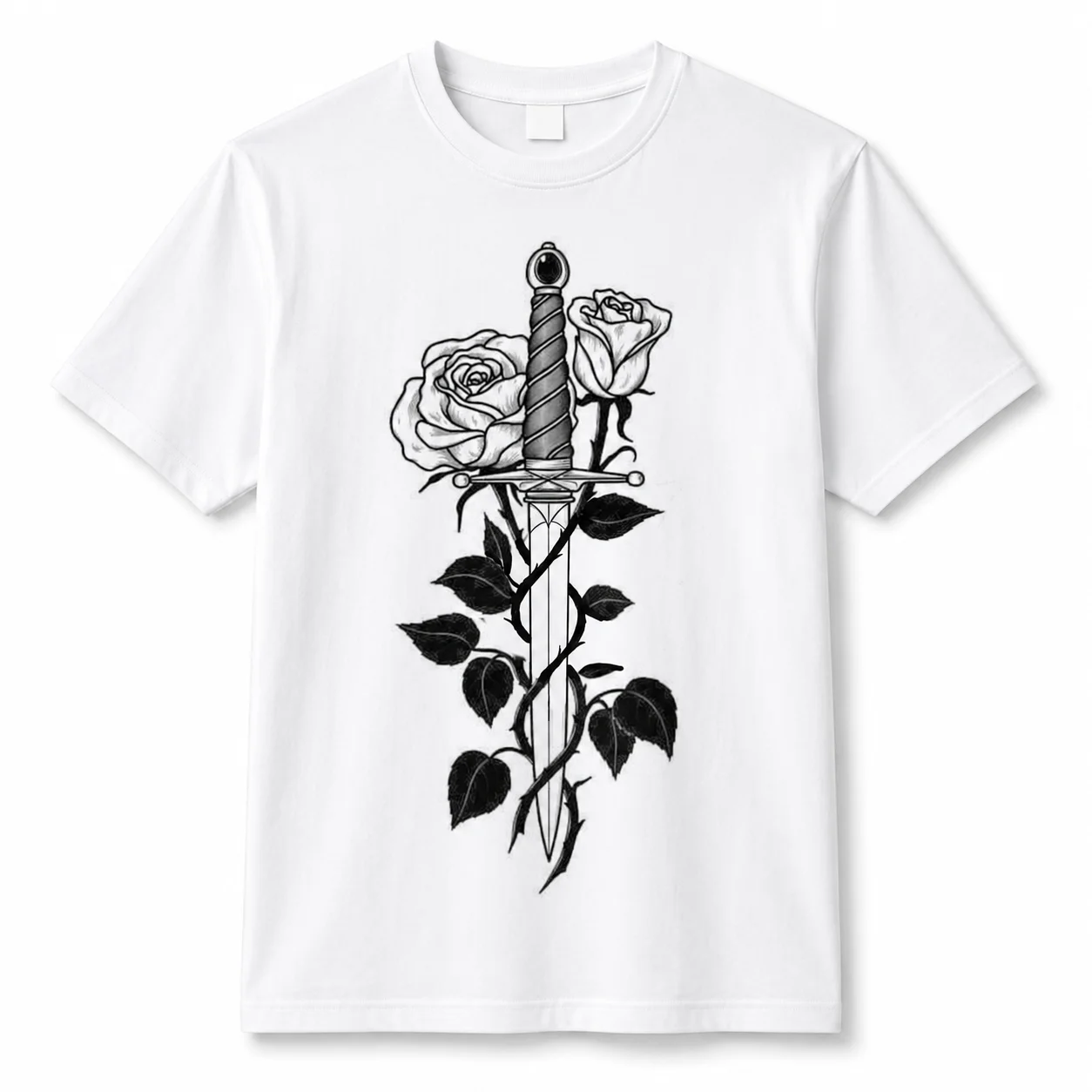 100% Cotton Women Vintage Tattoo Art Sword And Rose Graphic T‑Shirt Gothic Aesthetic Short Sleeve Crew Neck Tee