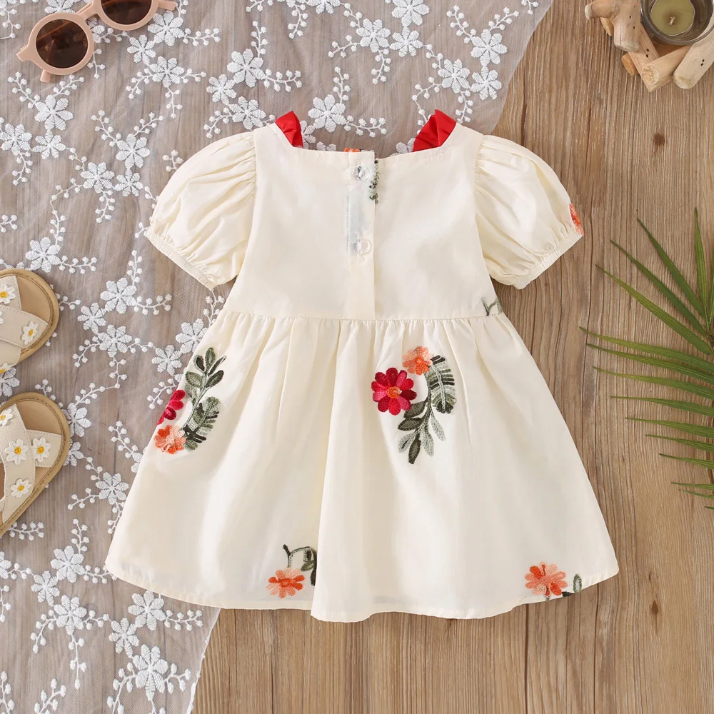 Children\'S Clothing Girls\' Dress Summer Baby Girl Flower Leaf Embroidery Cute Square Neck Bubble Sleeves Princess Dress