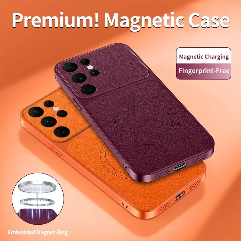 Ultrathin PU Leather Magnetic Wireless Charging Case for Magsafe Samsung Galaxy S26 Ultra S25 S24 Plus FE Note20 Ultra A57 Cover