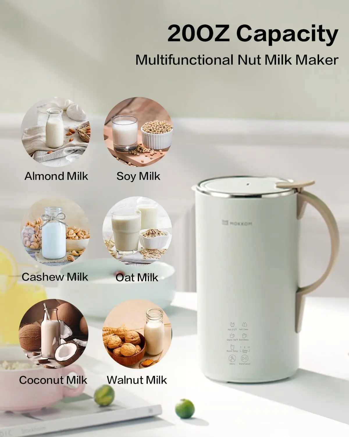 Almond Milk Machine for Homemade Plant-Based Milk, Oats, Soy, Dairy Free Beverages, 20 oz Soy Milk Maker with Delay Start/Keep W