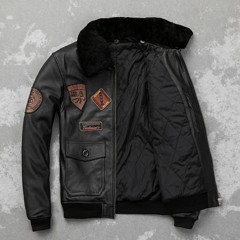 AYUNSUE Genuine Leather Jacket Men Cowhide Jackets Fur Collar Flight Suit Men's Coats Warm Cotton Lining Winter Clothes