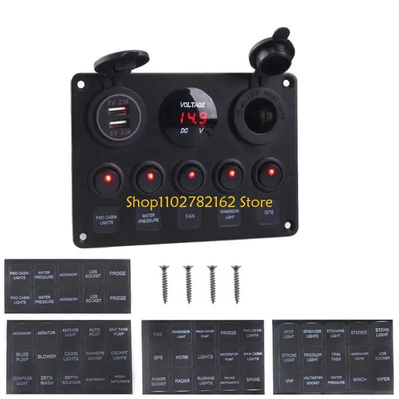 547B 12V 24V 5 Button LED Switch Panel Light Toggle USB Chargers Gauge For Car Marine Boat Truck Trailer Caravans Accessories