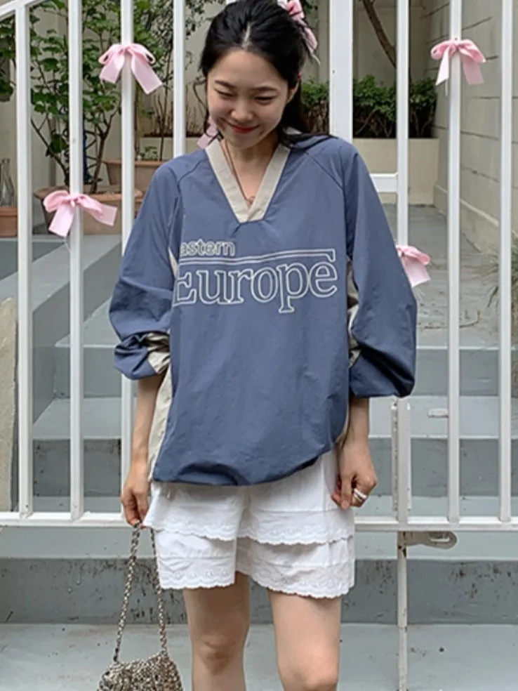 Mole f com capuz, estilo retrô esportivo casual, estampa de letras, blocos de cores, decote em V, soltinho, manga c...