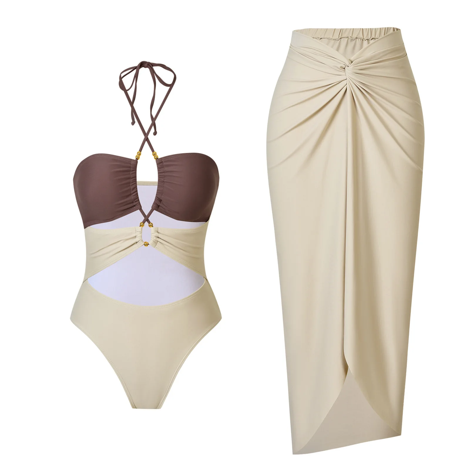 2026 Women'S One-Piece Swimsuit with Skirt Crossed Ropes Chest Waist Cinching Swimwear Suits Beachwear Bather Bathing Suit Women