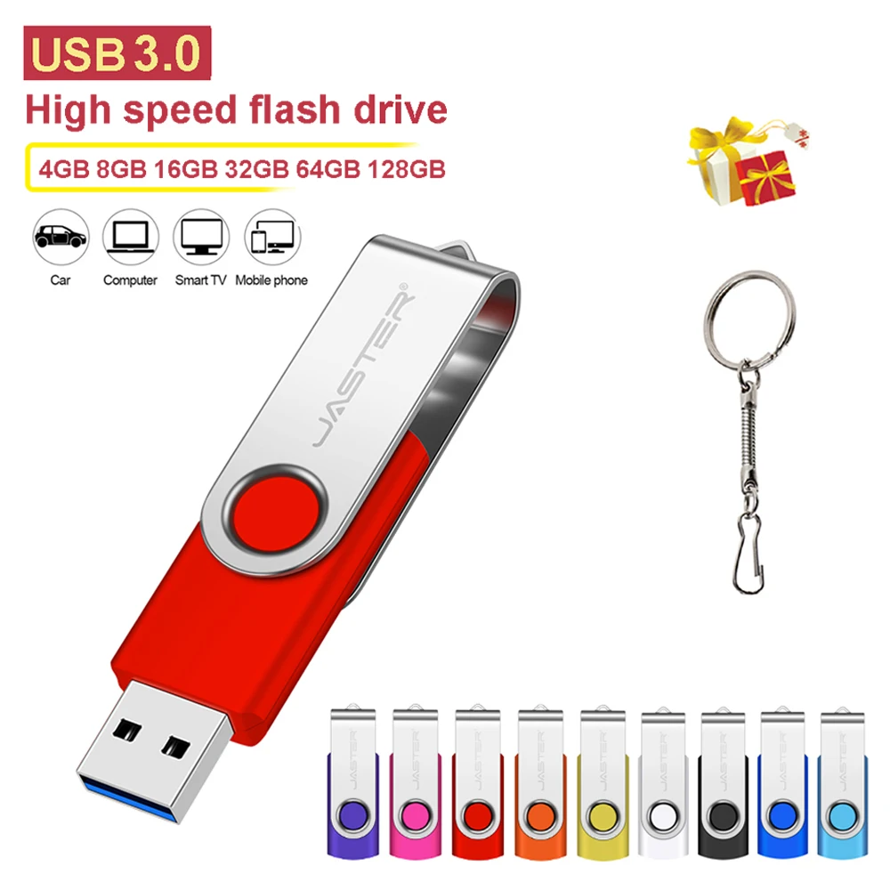 JASTER Colorful USB 3.0 Flash Drive 128GB Silver Rotatable Memory Stick 64GB High Speed Pendrive 32GB Free Key Chain U Disk 16GB