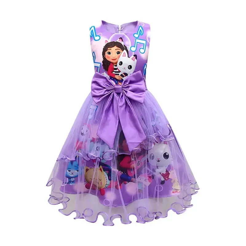 2025 New Summer Gabbys Dollhouse Costume For Baby Girl Lace Dress Fashion Kid Up Bow Print Princess Frock Children Tunic Clot AA