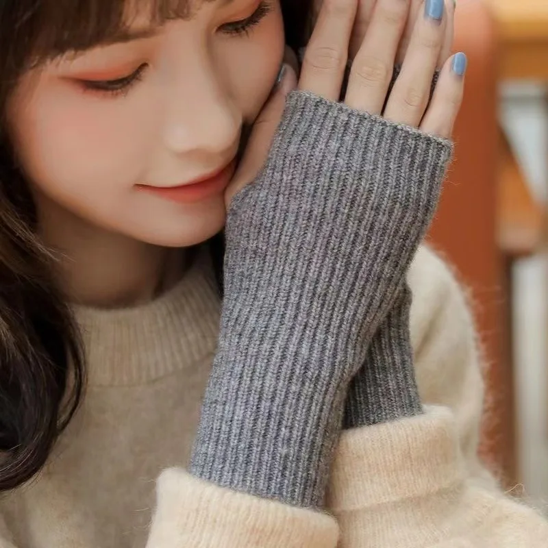 Women Knitted Arm Warmer 20cm Long Fingerless Gloves Winter Y2K Solid Arm Sleeve Fashion Casual Soft Girls Clothes Punk Mittens