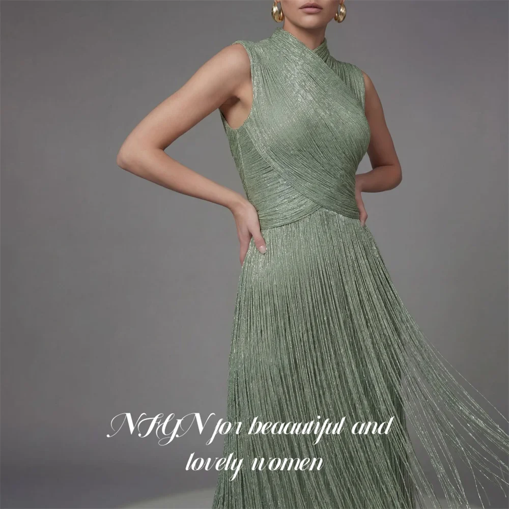 NFYN Sage Green Evening Dresses Tank Sleeveless Party Dress with Tassel vestidos de fiesta Straight Prom Gowns Simple Customized image 3