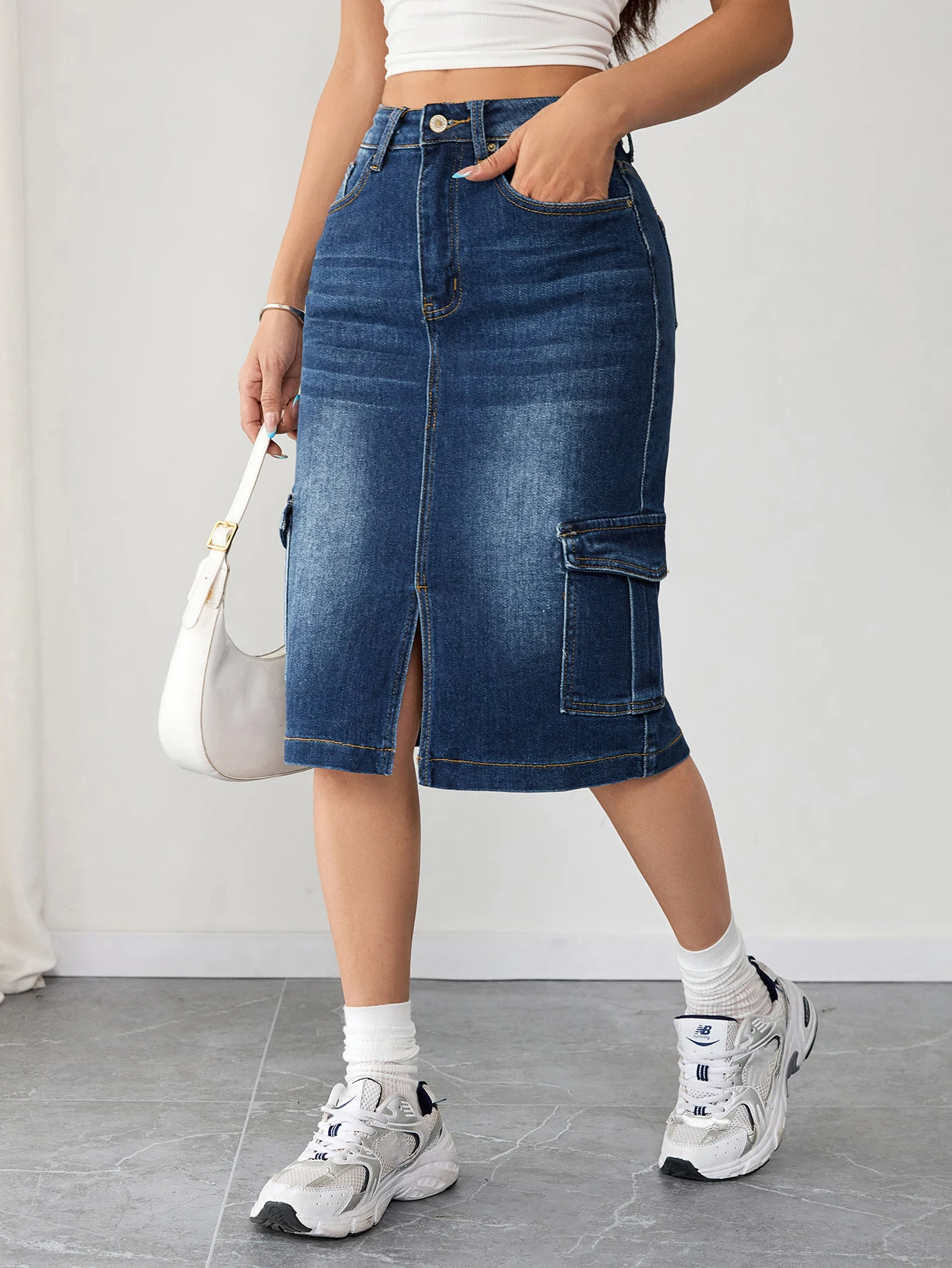 تنورة جينز نسائية عالية الخصر من قماش الدنيم مقاس كبير، تنورة جينز متوسطة الطول مريحة للسيدات المتعرجين #4