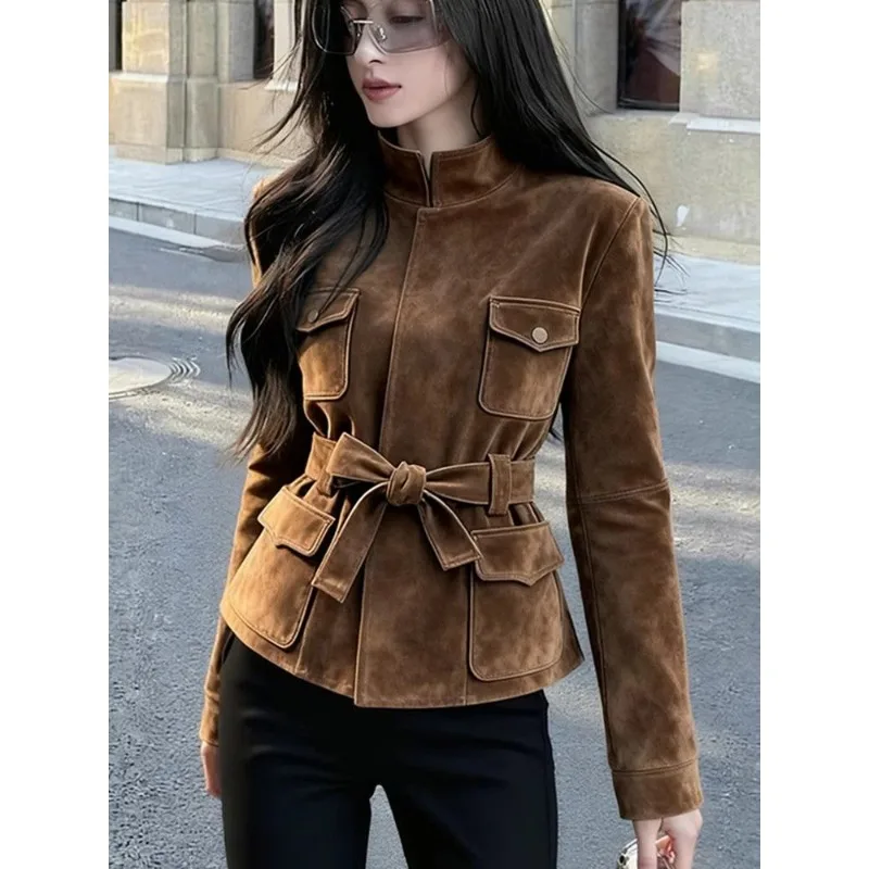 This French Retro and Stylish Brown Suede Waist-cinching Short Coat Stunning Highly Attractive Light Mature Top for Women Autumn