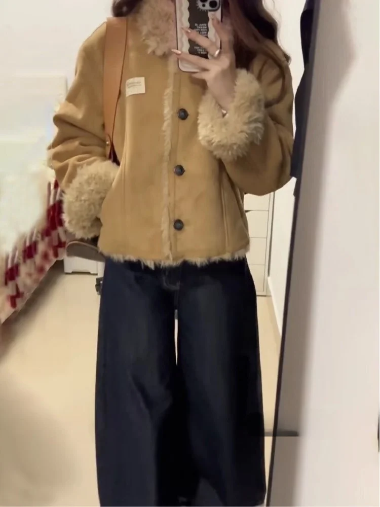 

Ретро-куртка из замши с хлопковой подкладкой для женщин, весна 2026, новая модель, маленький размер, с воротником, теплая короткая верхняя одежда