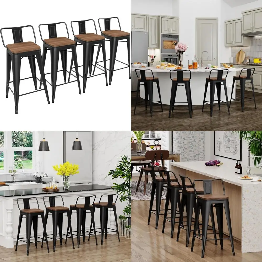 مجموعة من 4 مقاعد بارتفاع عداد معدني من Yongchuang مع قمصان خشبية ولمسة نهائية باللون الأسود غير اللامع #1