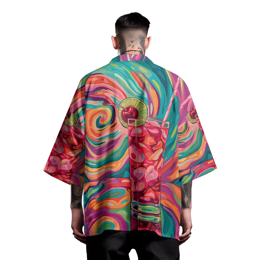 Diseño de moda clásico, sentido del verano, deslumbramiento, bebidas coloridas, tejido Dojo, diseño de moda para hombres, Kimono informal, Tops para hombres