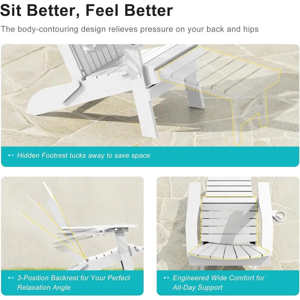3-Position Adjustable Folding Adirondack Chair Set with Retractable Ottoman, Weather-Resistant Patio Furniture for 2, Including image 3