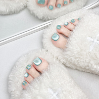 12pcs Blue Cat Eyes Handmade Toenails New Summer Paired with Sequins Wearing Toe Nails Manicure Patches 네일팁